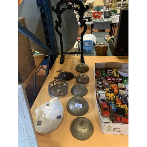 239 - A GONG STAND, AN ORIENTAL SHELL DISH AND VARIOUS GRAFITE ITEMS