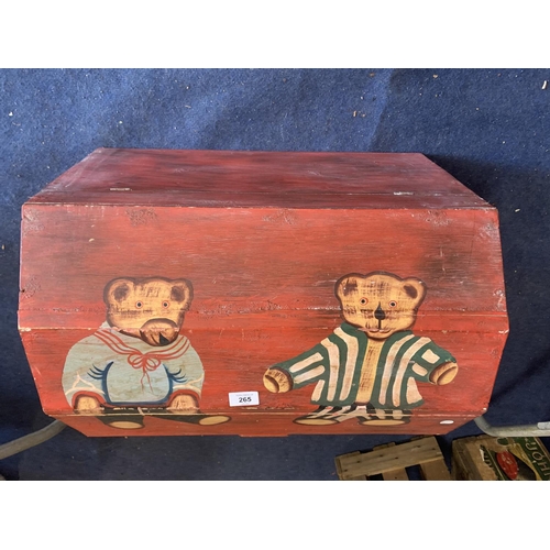 265 - A WOODEN TOY BOX PAINTED WITH TEDDY BEARS CONTAINING A DOLL AND A TEDDY