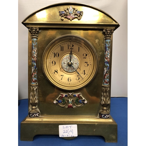 22A - A LATE 19TH CENTURY BRASS CLOCK MOUNT AND DIAL WITH ART NOUVEAU COLOURED FLORAL ENAMEL DECORATION AN... 