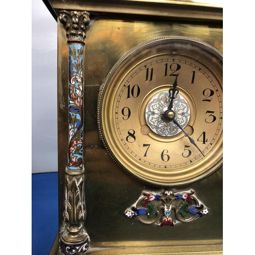 22A - A LATE 19TH CENTURY BRASS CLOCK MOUNT AND DIAL WITH ART NOUVEAU COLOURED FLORAL ENAMEL DECORATION AN... 