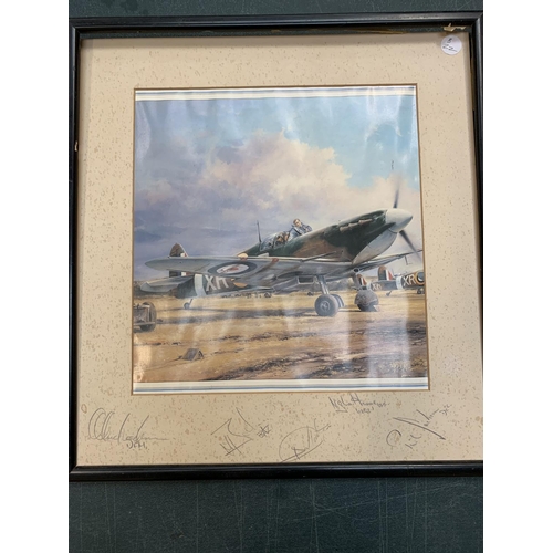 351A - A FRAMED PRINT OF A SPITFIRE WITH PENCIL SIGNED BORDER