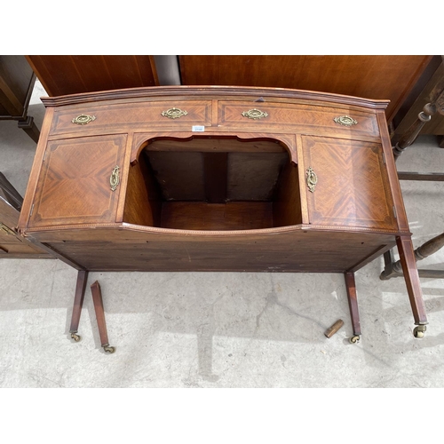 2140 - AN INLAID MAHOGANY BOW FRONT SIDEBOARD WITH TWO DOORS AND TWO DRAWERS - LEG REQUIRES REPAIR