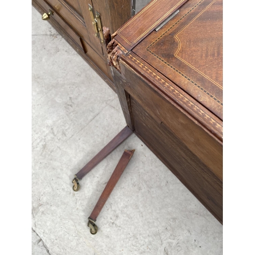 2140 - AN INLAID MAHOGANY BOW FRONT SIDEBOARD WITH TWO DOORS AND TWO DRAWERS - LEG REQUIRES REPAIR