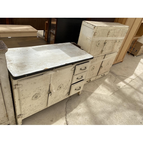 2148 - A VINTAGE METAL KITCHEN DRESSER CABINET WITH EIGHT DOORS AND THREE DRAWERS