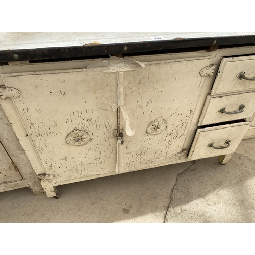 2148 - A VINTAGE METAL KITCHEN DRESSER CABINET WITH EIGHT DOORS AND THREE DRAWERS