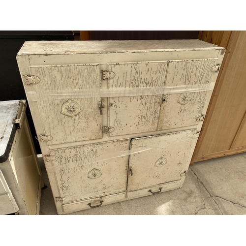 2148 - A VINTAGE METAL KITCHEN DRESSER CABINET WITH EIGHT DOORS AND THREE DRAWERS