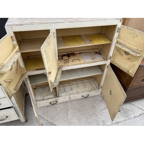 2148 - A VINTAGE METAL KITCHEN DRESSER CABINET WITH EIGHT DOORS AND THREE DRAWERS