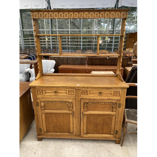 2155 - A STANLEY WOOD OAK DRESSER WITH TWO DOORS, TWO DRAWERS AND UPPER PLATE RACK