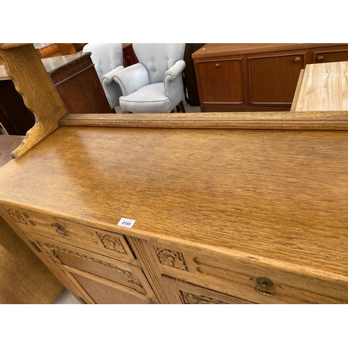 2155 - A STANLEY WOOD OAK DRESSER WITH TWO DOORS, TWO DRAWERS AND UPPER PLATE RACK