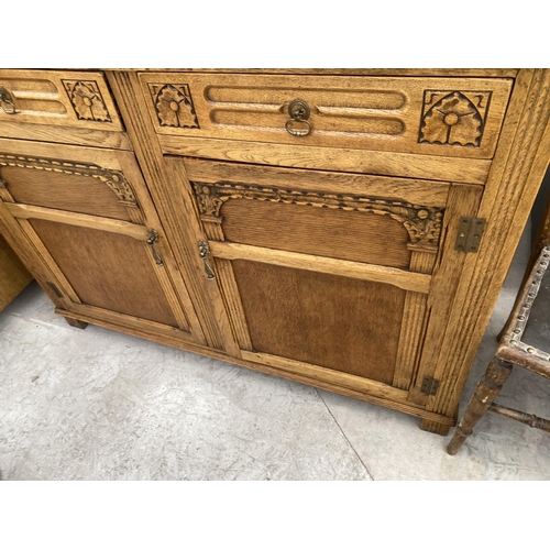 2155 - A STANLEY WOOD OAK DRESSER WITH TWO DOORS, TWO DRAWERS AND UPPER PLATE RACK