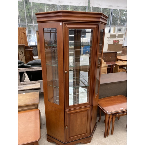 2162 - A YEW WOOD CABINET WITH LOWER DOOR AND UPPER GLAZED DOOR