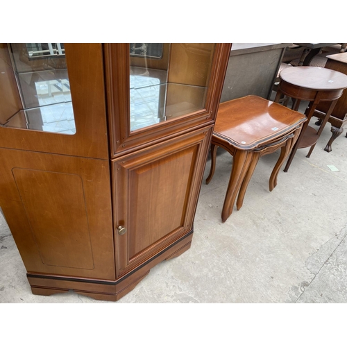 2162 - A YEW WOOD CABINET WITH LOWER DOOR AND UPPER GLAZED DOOR