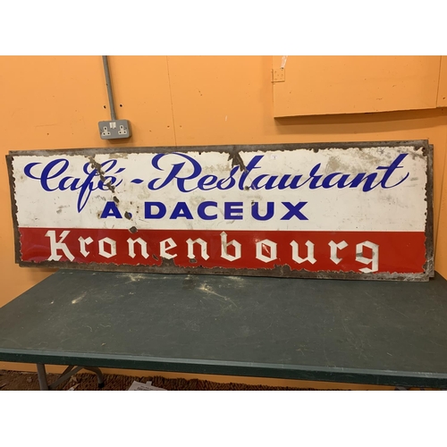 1 - A VINTAGE ENAMEL FRENCH RESTAURANT SIGN 'CAFE RESTAURANT A. DACEUX KRONENBOURG' 200CM X 60CM