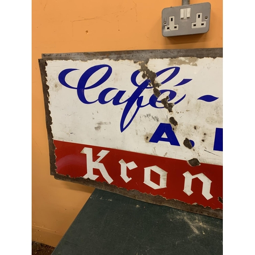 1 - A VINTAGE ENAMEL FRENCH RESTAURANT SIGN 'CAFE RESTAURANT A. DACEUX KRONENBOURG' 200CM X 60CM