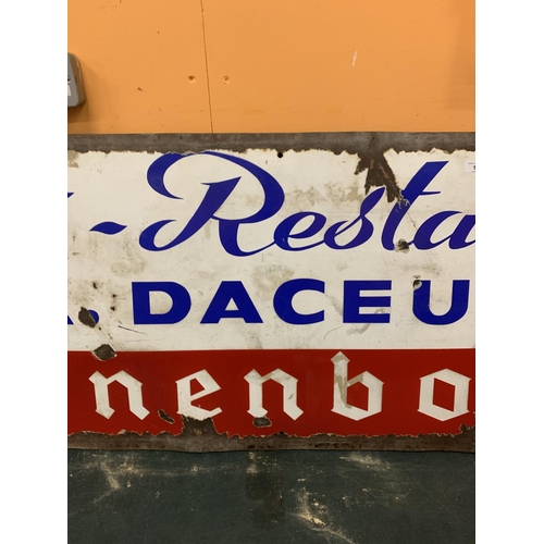 1 - A VINTAGE ENAMEL FRENCH RESTAURANT SIGN 'CAFE RESTAURANT A. DACEUX KRONENBOURG' 200CM X 60CM