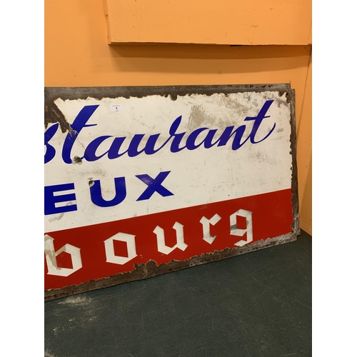 1 - A VINTAGE ENAMEL FRENCH RESTAURANT SIGN 'CAFE RESTAURANT A. DACEUX KRONENBOURG' 200CM X 60CM