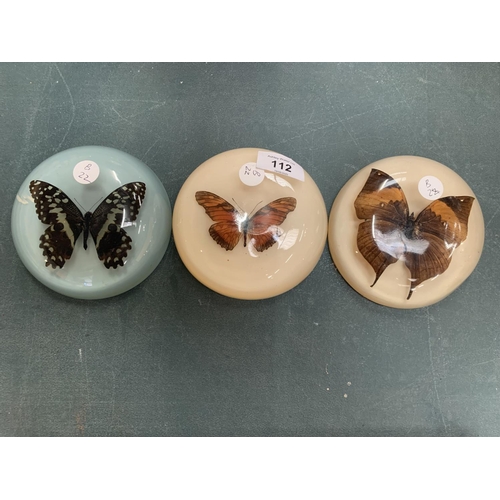 112 - THREE 1970'S BUTTERFLY PAPER WEIGHTS