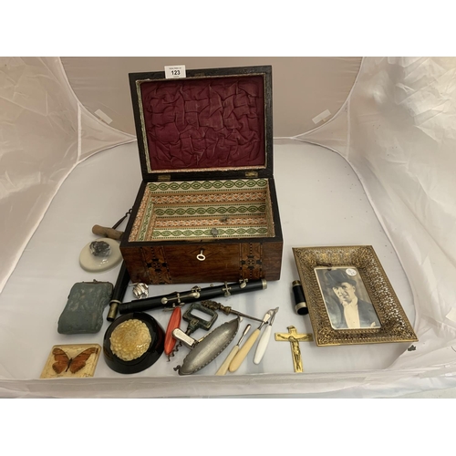 123 - AN INLAID BOX AND CONTENTS