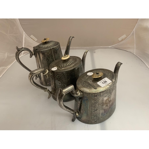 126 - THREE SILVER PLATED TEA POTS