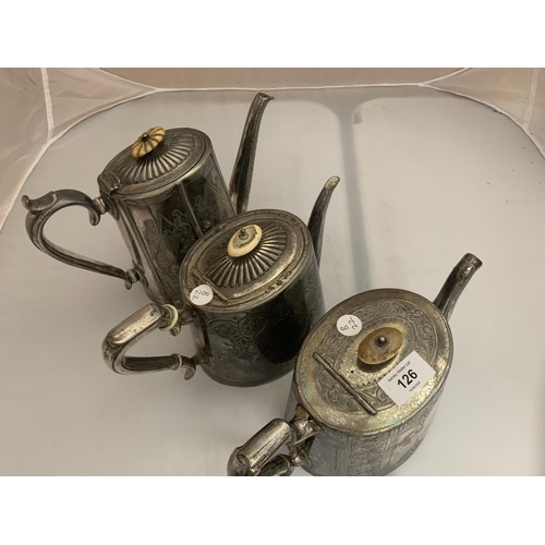 126 - THREE SILVER PLATED TEA POTS