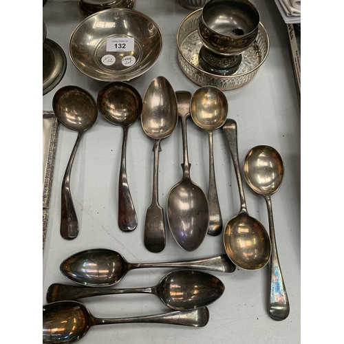 132 - A LARGE COLLECTION OF SILVER PLATED ITEMS TO INCLUDE TEAPOTS, SPOONS ETC