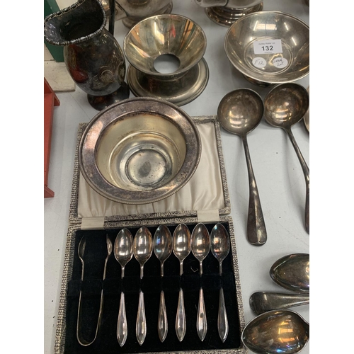 132 - A LARGE COLLECTION OF SILVER PLATED ITEMS TO INCLUDE TEAPOTS, SPOONS ETC