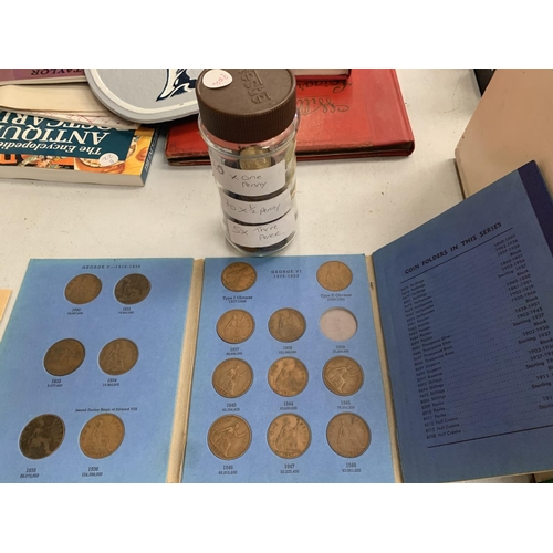 134A - A LARGE QUANTITY OF COINS TO INCLUDE 60 X ONE PENNY, 70 X HALF PENNY ETC AND A GEORGE V & VI COLLECT... 