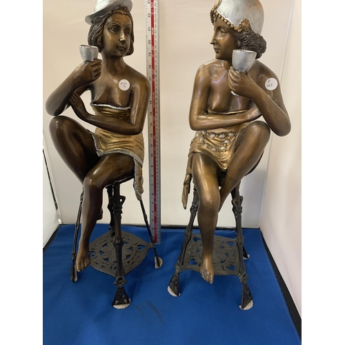 2 - AN IMPRESSIVE PAIR OF BRONZE ART DECO STYLE LADIES ON CAST METAL STOOLS