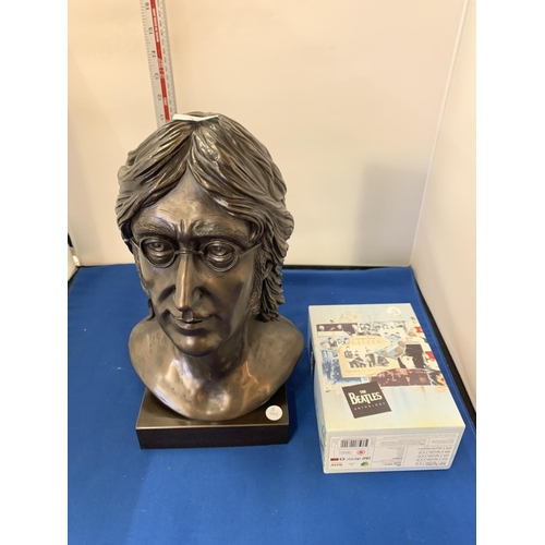 32 - A COLD CAST BRONZE SIGNED JOHN LENNON BUST -   E D GREENWOOD 1990 0793/049 AND THE BEATLES FIVE CD A... 