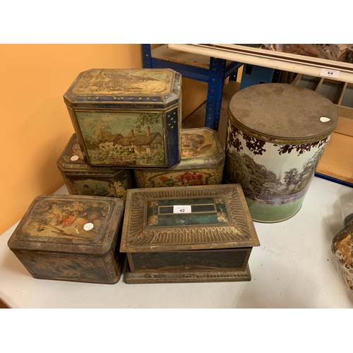 42 - SIX ORIGINAL DECORATED TINS