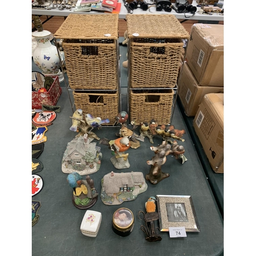 74 - TWO BASKET UNITS AND VARIOUS CERAMICS TO INCLUDE BIRDS, COTTAGES ETC