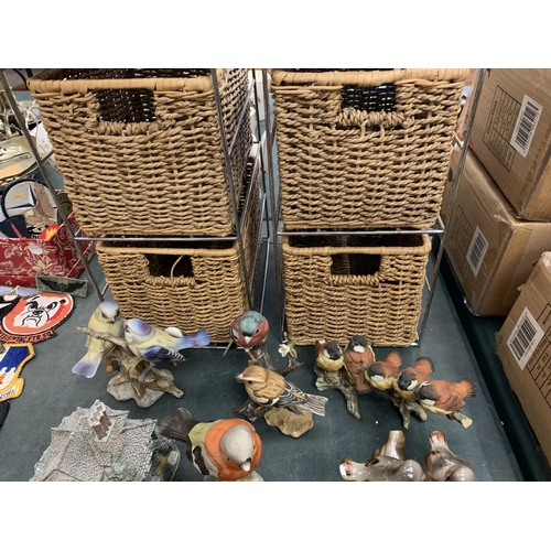 74 - TWO BASKET UNITS AND VARIOUS CERAMICS TO INCLUDE BIRDS, COTTAGES ETC