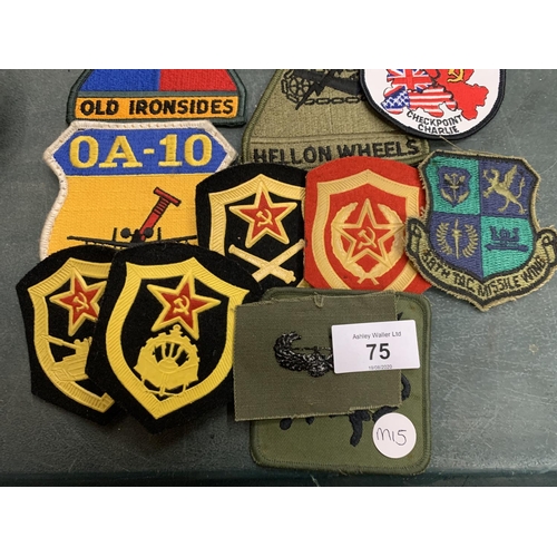 75 - A COLLECTION OF VARIOUS FABRIC BADGES TO INCLUDE MILITARY EXAMPLES