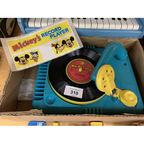 310 - A CHILDS PIANO AND A VINTAGE BOXED MICKEY MOUSE RECORD PLAYER