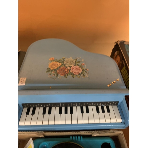 310 - A CHILDS PIANO AND A VINTAGE BOXED MICKEY MOUSE RECORD PLAYER