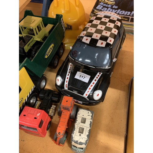 317 - A TONKA TRUCK, A LARGE MINI, TRACTOR, STEAM ROLLER ETC  TO INCLUDE CORGI AND DINKY WITH TWO HATS JCB... 