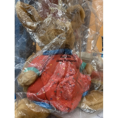 327 - THREE OLD TEDDIES TO INCLUDE A DOG AND AN AS NEW IN AN UNOPENED BAG KANGAROO