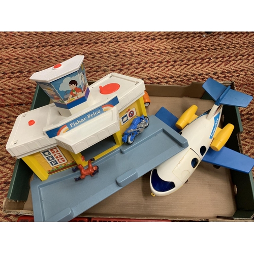 336 - A VINTAGE FISHER PRICE AIRPORT WITH PLANE AND FIVE FRICTION POWERED BUSES