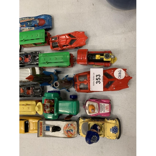 353 - A COLLECTION OF TOY VEHICLES TO INCLUDE CARS, TRAINS, BOATS, PLANES ETC