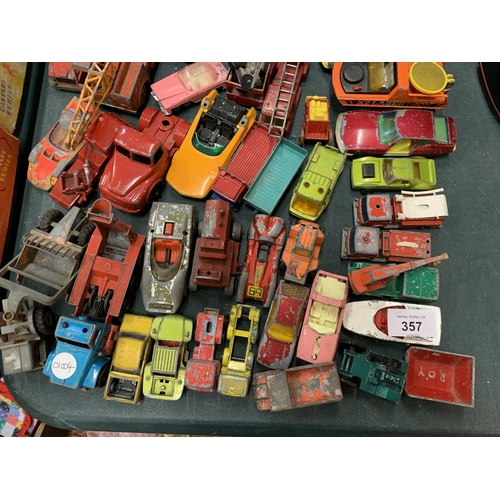 357 - A LARGE COLLECTION OF VINTAGE TOY VEHICLES TO INCLUDE CRANES, WAGONS, CARS ETC