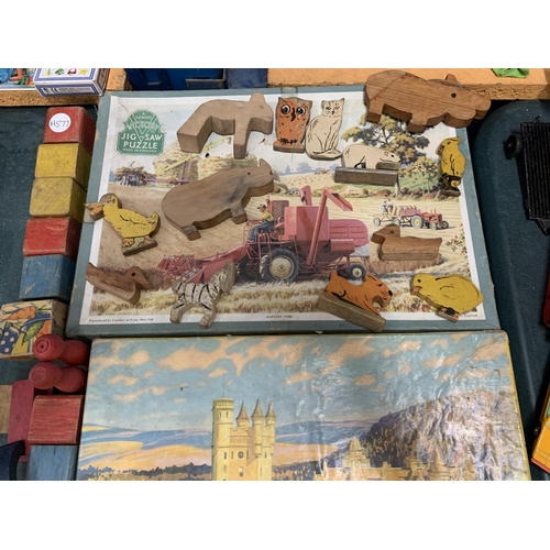 358 - VINTAGE TOYS TO INCLUDE THREE JIG SAWS, WOODEN ANIMALS AND BLOCKS