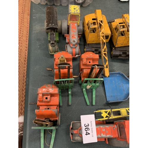 364 - VARIOUS VINTAGE TOYS TO INCLUDE STEAM ROLLERS, CRANES, FORK LIFTS ETC