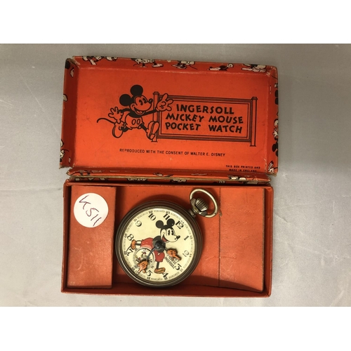 470 - A VINTAGE INGERSOLL MICKEY MOUSE POCKET WATCH WITH ORIGINAL BOX  (NO LENS)