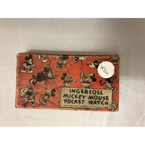 470 - A VINTAGE INGERSOLL MICKEY MOUSE POCKET WATCH WITH ORIGINAL BOX  (NO LENS)