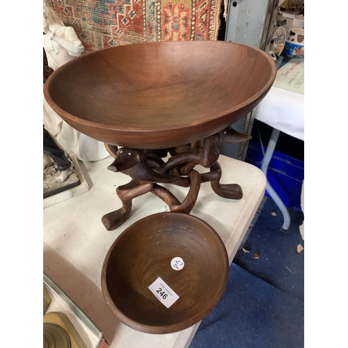 246 - A WOODEN CARVED BOWL ON A STAND AND A FURTHER BOWL