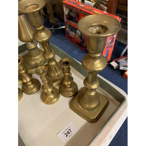 247 - EIGHT VARIOUS SIZED BRASS CANDLESTICKS