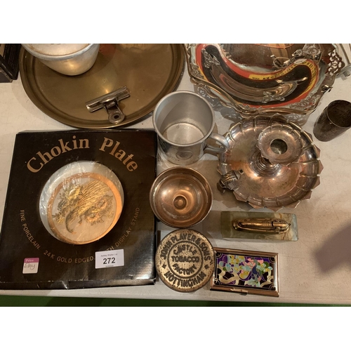 272 - A BOX OF VARIOUS METAL ITEMS TO INCLUDE BRASS AND EPNS