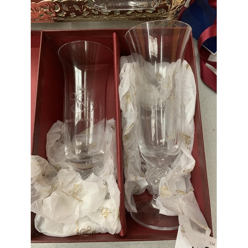 196 - AN EPNS SERVING DISH WITH GLASS DISHES AND A BOXED PAIR OF ANNIVERSARY GLASSES