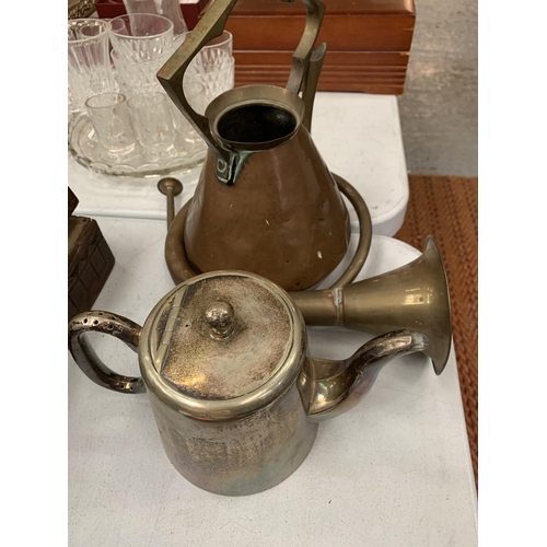 198 - AN EPNS TEAPOT, COPPER AND BRASS HORN AND A KETTLE