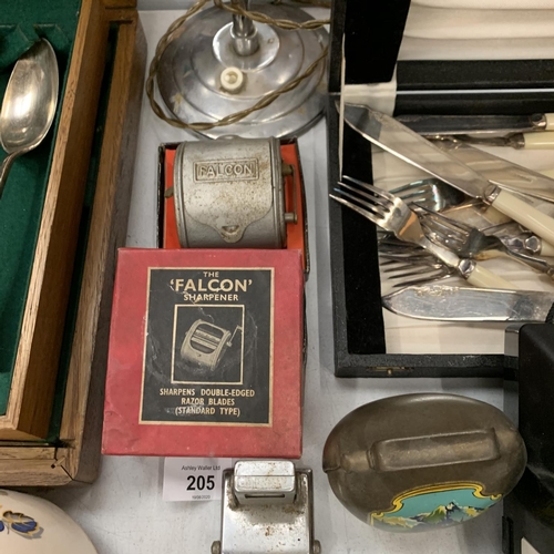 205 - VARIOUS VINTAGE ITEMS TO INLCUDE CASED EPNS, BOXED FALCON SHARPENER, COW BELL, DESK CALENDAR ETC